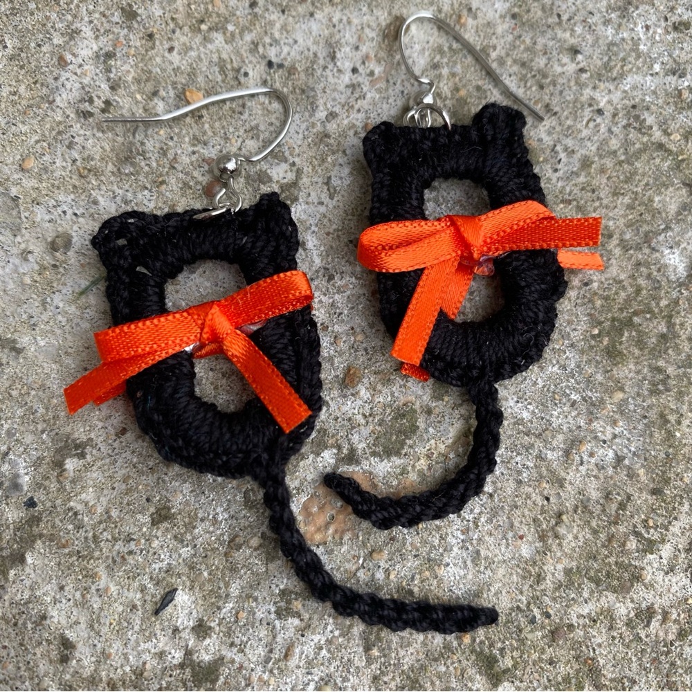 Black Crochet Cat Earrings with Orange Bows